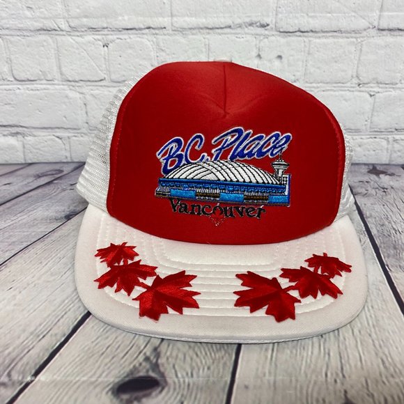 Vintage Trucker Hat Mesh Leaf Cap Snapback Red White BC Place Vancouver Canadian - Picture 5 of 9